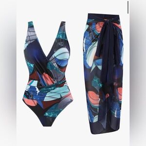 One Piece Colorful Swimsuit With Sarong Size XL NWT